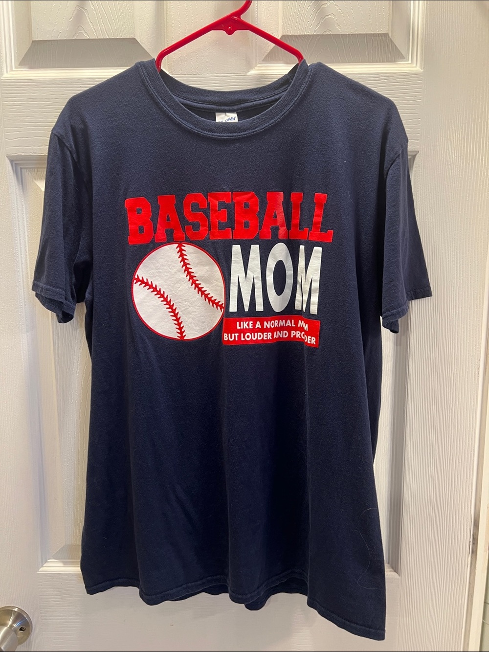 Gildan Navy Short-Sleeve "Baseball Mom" Tee with Red and White Graphics